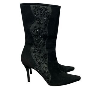 Stuart Weitzman Black Beaded Suede Mid-Calf Pointed Boots Vintage 9.5 Witchycore